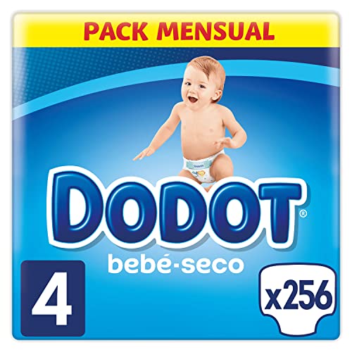 Dodot Pañales Bebé-Seco Talla 4 (9-14 kg), 256 Pañales con Protección Antifugas, Pack Mensual