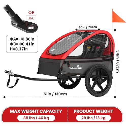 Image of Sepnine Kids Bike Trailer, Suitable for 1 to 2 Kids, 12+ Months, Quick Attach to Bike, Foldable, with 5-Point Harness and Storage Bags