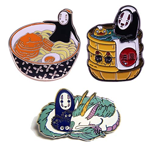 OYSTERBOY Spirited Away Anime No Face Faceless Kanonashi Soot Sprites Enamel Pin Fashion Accessory for Lapels Denim Jacket Hat Bag Dress Shirt Backpack Clothing Gift Cosplay Costume (No Face Ramen Onsen 3P)