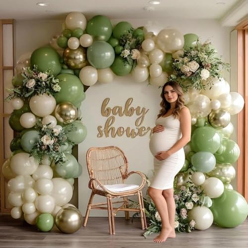 Image of Green White Balloon Garland Double Stuffed Sage Green Gold Pearl White Balloons Arch Kit Dusty Pastel Cream Sand Latex for Christmas Baby Shower Birthday Engagement Party Decorations