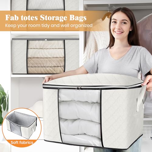 Image of Fab totes 24 Gallons Clothes Storage, Foldable Thick Fabric Blanket Storage Bags, Containers for Organizing Bedroom, Closet, Clothing, Comforter, Organization with Handle (10 Pack,Ivory)
