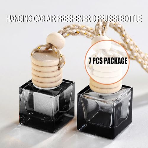 Image of 7 Pcs 8ml Hanging Car Air Freshener Diffuser,Empty Black Gradient Glass Essential Diffuser Oil Aromatherapy Fragrance Perfume Pendant Glass Vials with Wooden Caps (Square, 8ml)