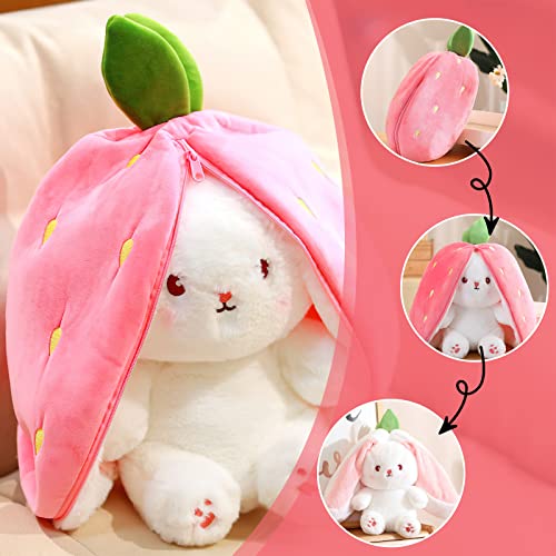 VOSSOT Hasen Verstecken, Erdbeerhasen Kissen Plüschtier, Osterhase Gefülltes Plüschtier Hase, Hasenpuppe, Hasenplüsch, Hasenplüschtier, Eingewickelt in Erdbeergeschenke, 18 cm Hoch (Kaninchen)