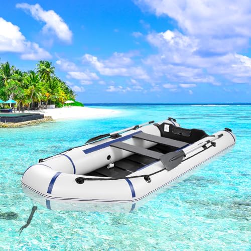 10ft Inflatable Dinghy Boat for 2 Adults, PVC Kayak-Style Pontoon Raft Tender Boat with 2 Paddles and Foot Pump, 726 lb Capacity, Portable Heavy-Duty Fishing Boats for Water Sports (Grey & White)