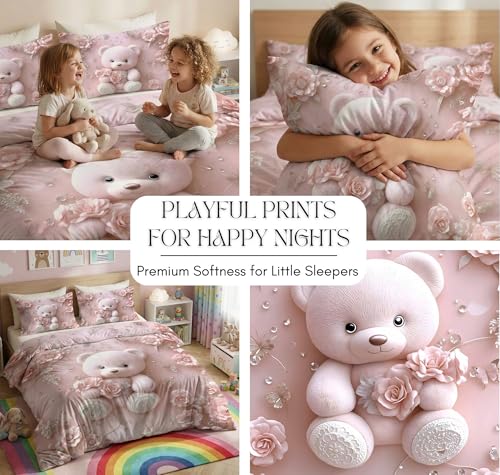 Image of HOMEKART Kids Cloud Cotton Bedsheet Double Bed | 210 TC Cartoon Printed Bedding Set with 2 Pillow Covers 7D | Soft, Wrinkle-Free | 108 x 108 Inches (Cute Teddy Bear Floral)