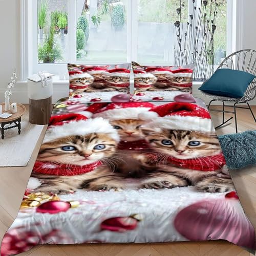 Housse de couette Noël imprimé chatons 3 pièces le cadeau parfait pour lit double