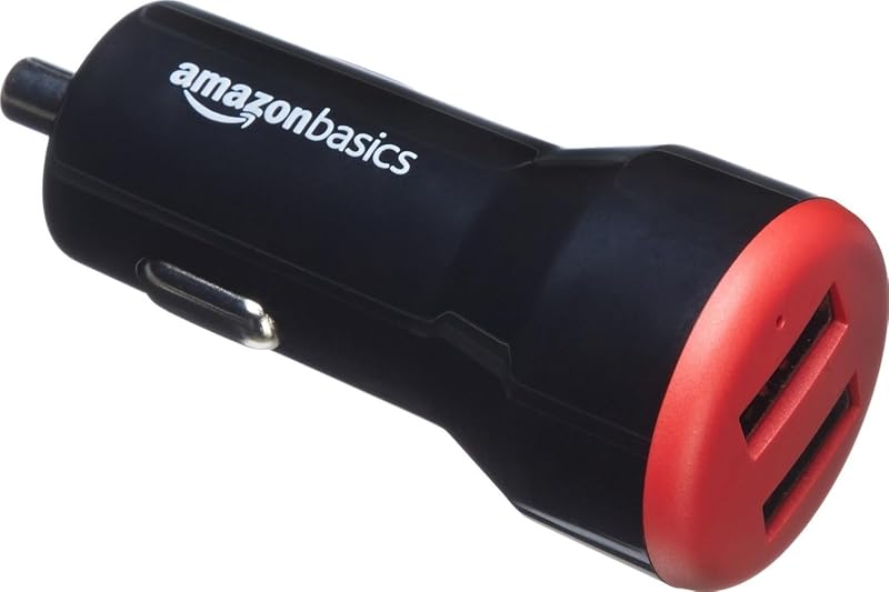 Amazon Basics Cargador de auto USB dual de 24 W para teléfonos, 2 puertos USB-A con indicador LED, tamaño pequeño, perfil bajo, compatible con iPhone 16/15/14/13/12/11/X, Samsung y más, negro/rojo
