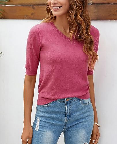Image of Women Summer Knit Shirt Blouse V Neck Short Sleeve Pullover Sweater Tops