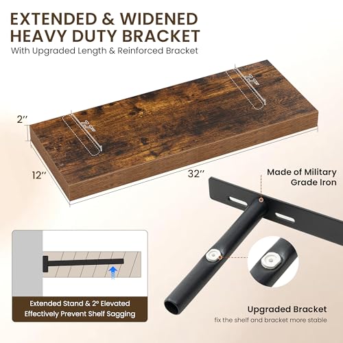Image of Dreamland 32 inch Floating Shelves for Wall, 12 inch Deep Thicker Floating Shelves, Wall-Mounted Shelves for Bedroom, Living Room, Kitchen, Bathroom,Rustic Brown - Set of 2