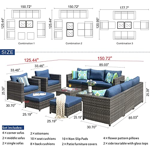 Ovios Patio Furniture Set, 12 Pcs Big Size Outdoor Furniture Set All Weather Rattan Wicker Sofa Sectional Set With Glass Table, Garden, Backyard, No Assembly Required (Grey-Denim Blue) #TOP4