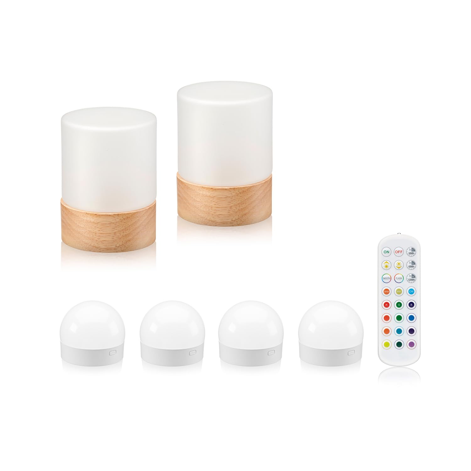 Omniance Elara Lámparas de Mesa Inalámbricas Pack de 2, 4 Fuentes de Luz | Recargable regulable cambio de color, diseño madera y cristal mate, USB-C, temporizador, para restaurante y hotel