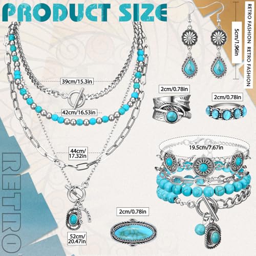 Image of Ecally Bohemian Western Jewelry Turquoise Set Women Country Pendant Long Choker Layered Bracelets Earrings Ring for Women