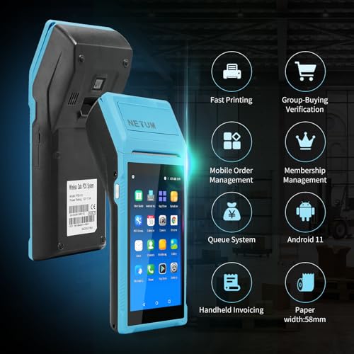 جهاز نقاط البيع المحمول PDA بنظام أندرويد 11.0 مع طابعة إيصالات جامع بيانات ماسح باركود محمول يدعم البلوتوث USB الواي فاي وBT4.0 ويأتي مزودًا بورقة لفافة من نيتوم، لون أزرق، مقاس 58 ملم × 35 ملم