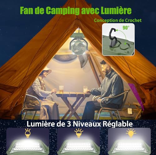 Ventilateur de Camping,Ventilateur de Bureau USB Avec Batterie 10 000 Mah Ventilateur Portable Silencieux Avec Lumière LED Rotation À 270° pour Bureau,Maison,Chambre,Voiture,Pêche,Camping en Plein Air – Image 4