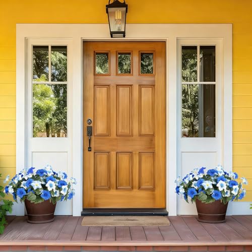 Image of Artificial Flowers for Outdoors, Faux Petunias Spring Summer Decoration, Fake Flowers Plants UV Resistant Look Real Silk Flowers for Outside Planter Front Door Porch Patio Yard (12, Blue-White)