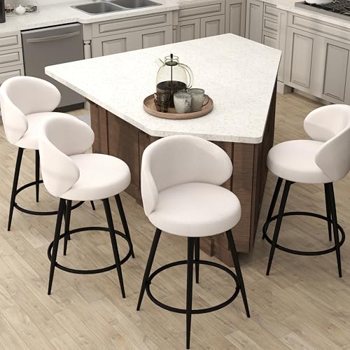 Image of 360 Swivel Modern Bar Stool Set of 4, 26 inch Upholstered Counter Height Bar Stools with Wingback, Soft Linen Fabric, Counter Chairs with Arm for Kitchen Island or Home Bar, Ivory