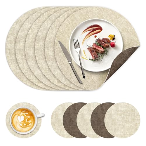 Image of 13 inch Round Placemats Set of 6, NCUE Dual-Sided Faux Leather Heat Resistant Table Mats, Waterproof Oilproof Washable Protective Table Placemats with Coaster, Wipeable Vinyl for Indoor & Outdoor Use
