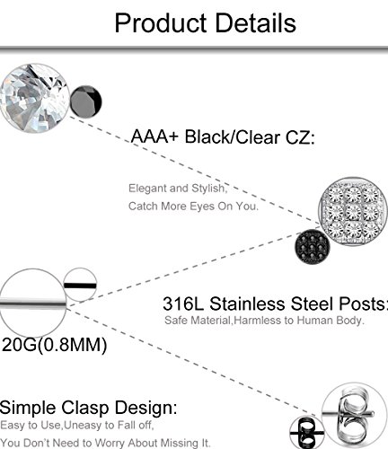 FIBO STEEL 4-8 Pairs Stainless Steel Stud Earrings for Men Women Square CZ Earrings,6-8MM3