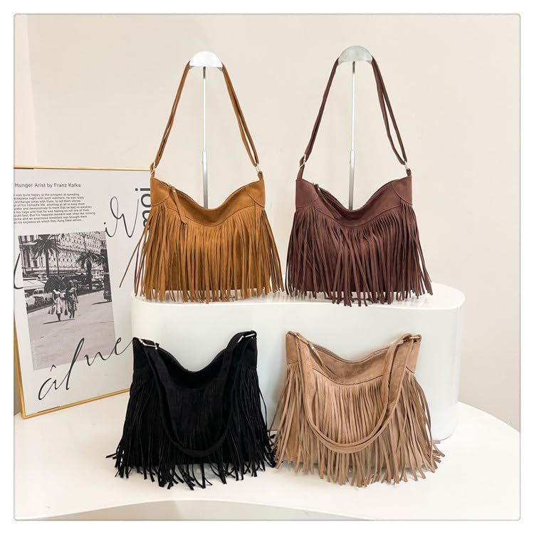 Image of Fringe Hobo Bags for Women - Vintage Suede Tassel Hippie Crossbody Bag Western Purse Cowgirl Purses Tassel Shoulder Bag