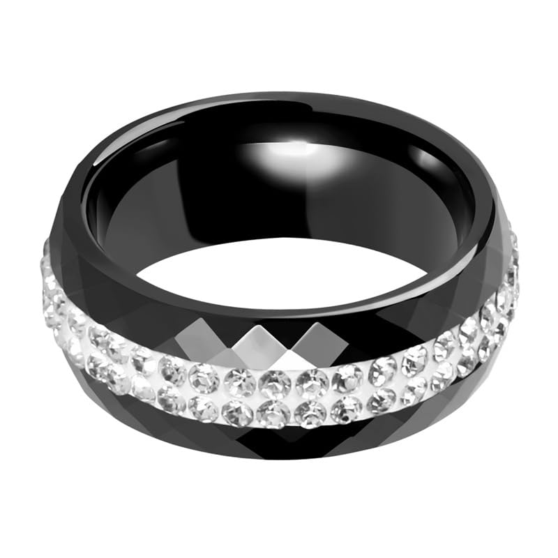 Image of PAMTIER Unisex Ceramic 8mm Personality Simple Multi-Faceted Rhombic Cut 2 Lines Rows Crystal Zircon Inlay Ring Eternity Wedding Band