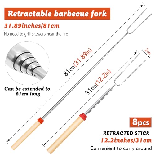 Grillspieße Teleskop Marshmallow, 8 Stück Roasting Sticks, Lagerfeuer Grillgabel, Lagerfeuerspieße Edelstahl Ausziehbar 31-81cm, mit isolierten Griffen für Camping,Gartenparty, Grillparty