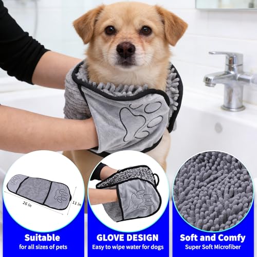 Image of 3PCS Dog Bath Kit,Dog Bath Brush | Dog Bath Gloves | Microfiber Dog Towel 26'' X 11'' Extra Soft Plush Chenille Dog Drying Towel to Dry Soggy Large Pets & Small Puppy