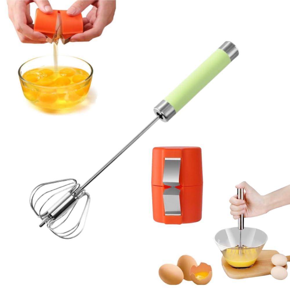 Stainless Steel Egg Whisk with Egg Shell Opener, 2025 NEW Hand Push Whisk Blender, Versatile Milk Frother, Hand Push Mixer Stirrer for Blending,