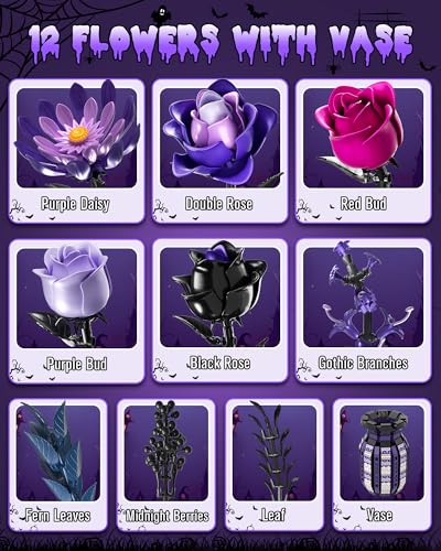 Image of Purple Flowers Building Set with Vase for Adults, Gothic Black Roses Floral Bouquet, Compatible with Lego Botanical Collection, Cool Home Office Decor Mother's Gift for Her, Women, Girls, 14+