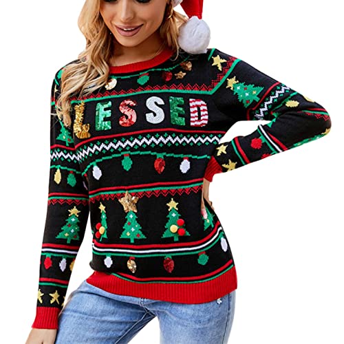 Suéter de Navidad para Mujer, Suéter de Punto Navideño para Mujer, Patrón Bendito de Moda para Fiesta de Navidad para el Trabajo (S)