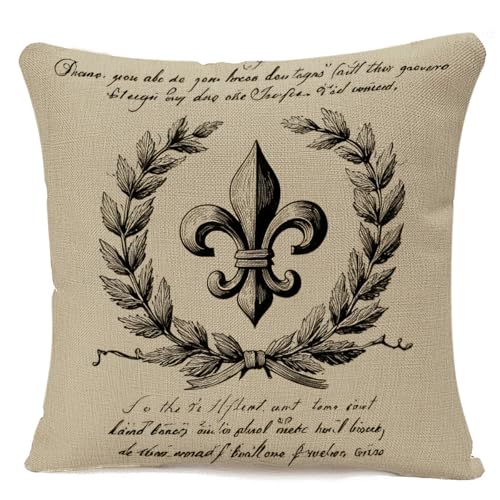 IBILIU Fleur De Lis Throw Pillow Covers 18X18,Flower Wreath Vintage Retro Black Cotton Linen Cushion Cases Decorative Pillow Cases for Couch Sofa Bedroom