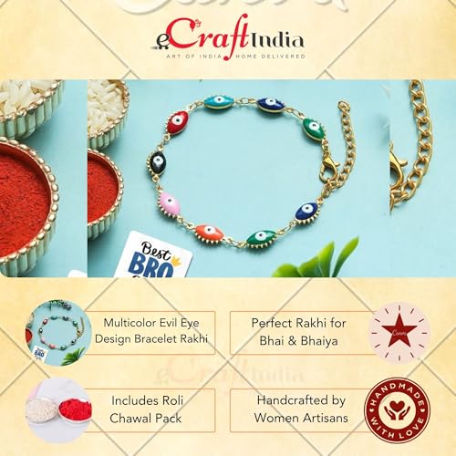 Image of eCraftIndia Evil Eye Design Bracelet Rakhi with Best Bro Ever Fridge Magnet | Rakhi for Brother Bhai | Roli Chawal Pack