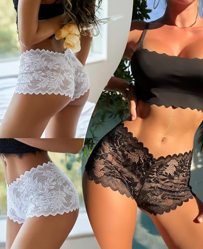 Image of FINETOO 5 Pack Sexy Lingerie Panties for Women Pack V-Waist Lace Womens Underwear French Cut Boyshorts Panty