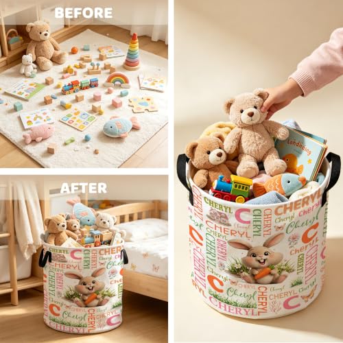 Image of Custom Rabbit Laundry Hamper, Personalized Laundry Basket with Name, Customized Dirty Clothes Basket for Clothes Toy Bathroom Bedroom Storage,S-16.5 inchX 13.8 inch