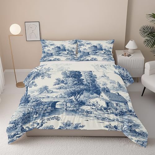 Générique Toile de Jouy Bleu Housse de Couette 220x240 - Campagne Française Parure de Lit en Microfibre Réversible, Paysage Pastoral Parure de lit 3...