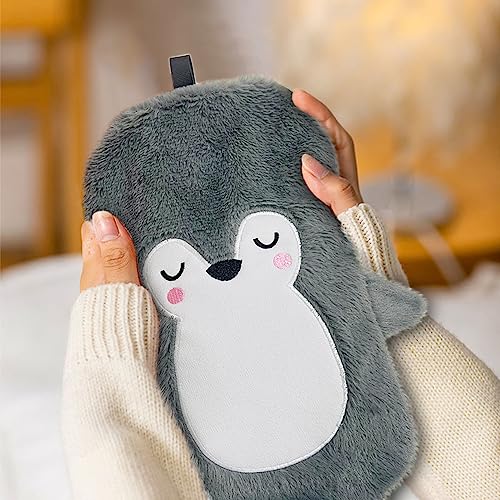 Wärmflasche mit Bezug 2 Liter, Wärmflaschen Tier Groß, Wärmflasche Kinder Pinguin, Wärmeflasche mit Kuschelig Flauschig Kunstpelz Bezug, Handwärmer Silikon Weichem für Hand Fuß Körper Warmhalten