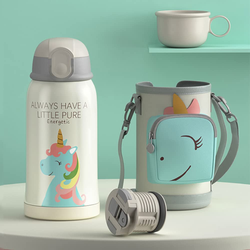 Kids Water Bottle for School Stainless Steel Insulated Water Bottle with Straw Children Cup 2 in1 Water Flask with Carrier Holder Shoulder Strap Spare Cover Lid 550ml (Unicorn White)