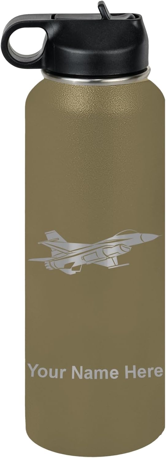 LaserGram Personalized Water Bottle, Fighter Jet 1, Stainless Steel Double Wall Vacuum Insulated with Flip Top Straw, Custom Engraved Gift (40oz / 1180ml Camo Green)