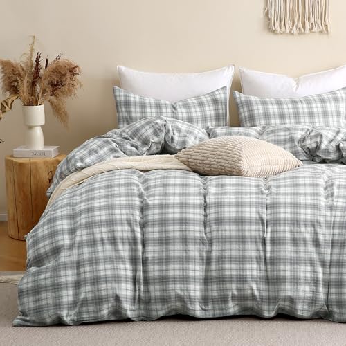 Image of TOCOMOA Plaid Duvet Cover Set 100% Washed Cotton Like Linen Feel Super Soft Comfy 3 Piece Grey and Green Gingham Checkered Bedding Comforter Cover Set (King 104 inchx90 inch, Comforter Not Included)