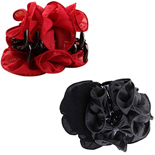 Polytree 2pcs Women's Chiffon Rose Flower Bow Hair Clip (Black Red)