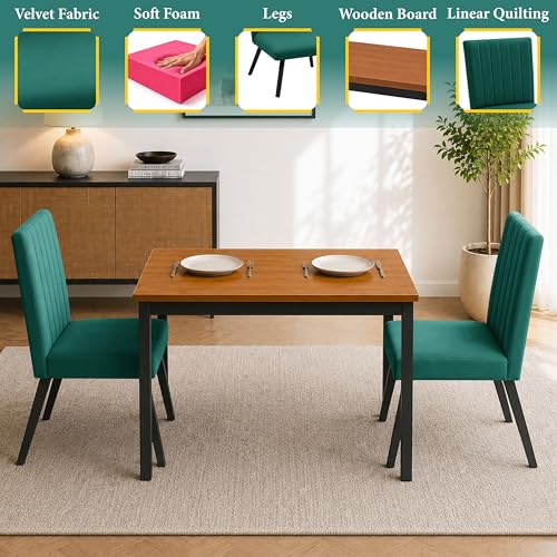 Image of Rosebell Set of 2 Dining Table Chairs with Wooden Top Table, Upholstered Cushioned Chairs, Modern Compact Dining Set for Home, Kitchen & Dining Room (Green)