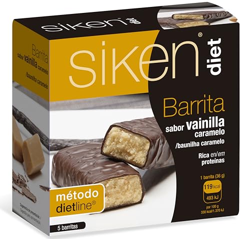 Siken Diet - Barrita Sabor Vainilla y Caramelo. Rica en Proteínas y en fibras - Estuche con 5 uds, 180 gr