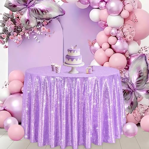 Image of B-COOL Round Sequin Tablecloth Party Decor: 120 Inch Table Cloth Lavender Glitter Fabric Overlay for Indoor Outdoor Dining Parties Home