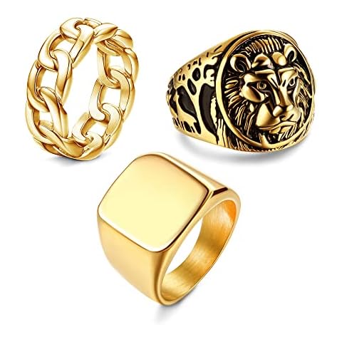 HANPABUM 3Pcs 14K Gold Plated Rings for Men Women Chunky Cuban Link Ring, Size 8 Cover