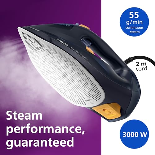 Philips Azur 7000 Series Steam Iron - 3000W, 55g/min Steam, 250g Steam Boost, Vertical Steam, SteamGlide Elite Soleplate, Blue/Yellow (DST7060/20) - Image 4