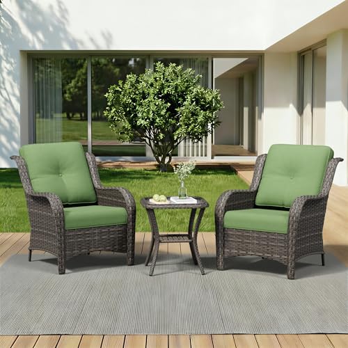 Image of 3 Pieces Outdoor Wicker Patio Furniture Set - Patio Chairs Set with Thickened Olefin Cushions, High Back and Deep Seating, Curved Armrest, PE Rattan for Porch, Deck, Balcony,Green