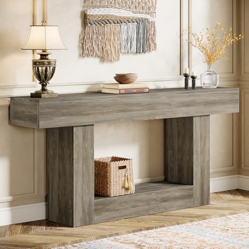 Tribesigns 63" Console Table, Farmhouse 2-Tier Entryway Table with U-Shaped Base, Narrow Long Wood Sofa Table Behind Couch Table for Living Room, Hallway, Foyer, Light Gray