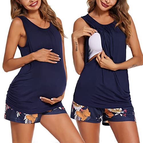 Ekouaer Pyjama d'allaitement Court pour Femme Deux pièces avec Taille élastique réglable Haut d'allaitement et Pantalon pour la Grossesse Fleur Bleu Marine M