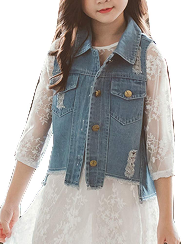Kids Girls Sleeveless Denim Jacket Jeans Vest Waistcoat Blue 140CM