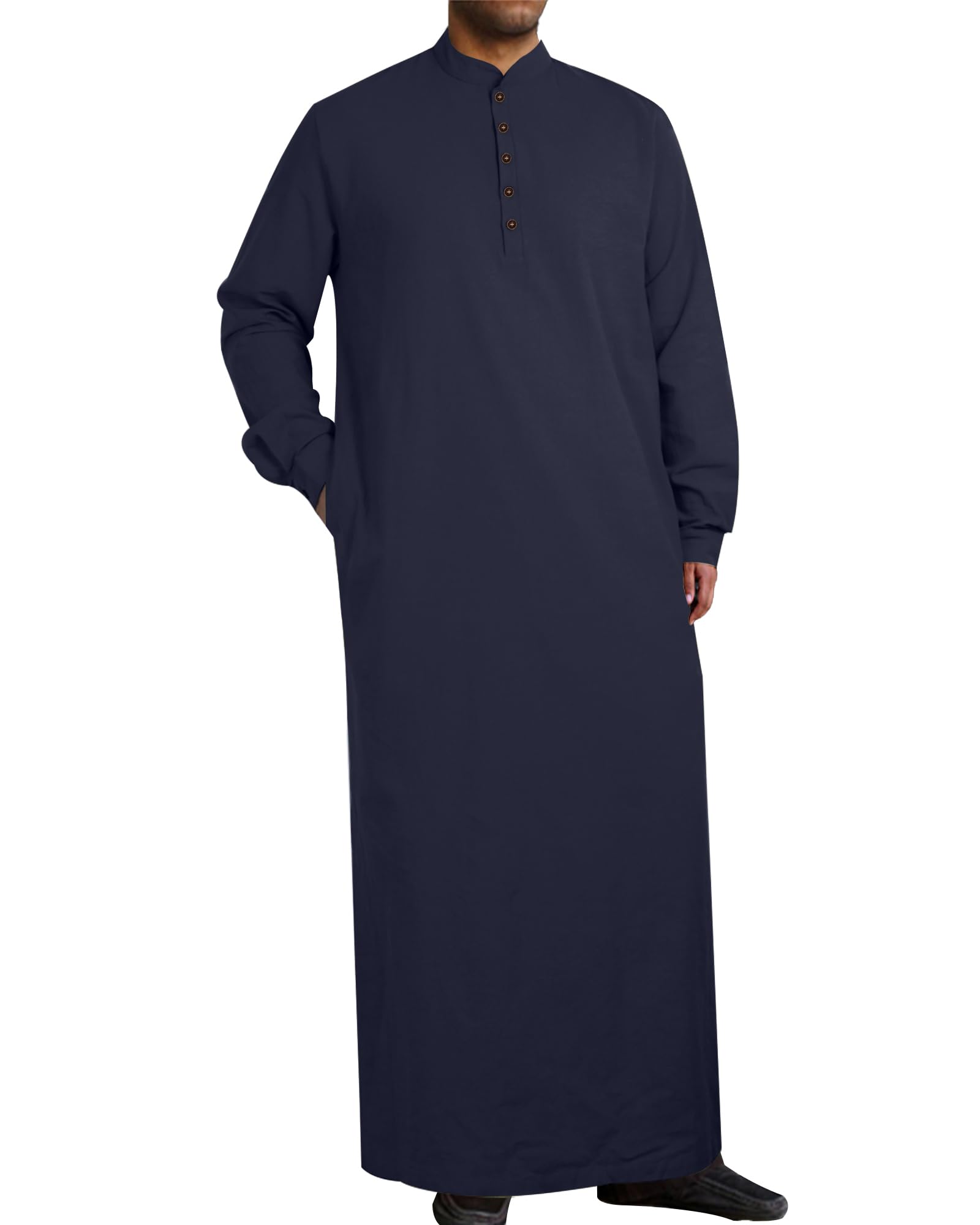 YAOHUOLEMen's Long Sleeve Abaya Robe Button Up Side Split Kaftan Thobe with Pockets Long Gown
