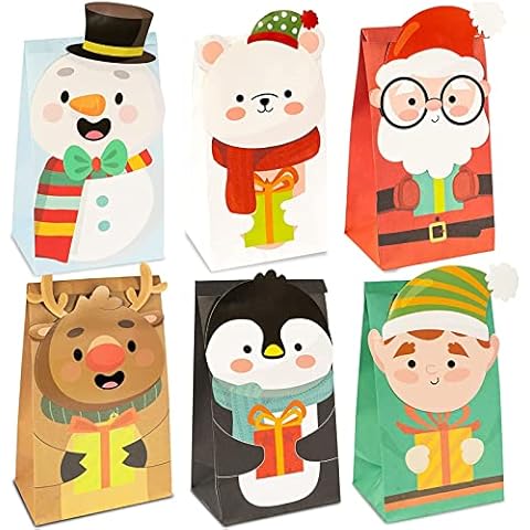 Christmas Paper Bags, 12PCS Xmas Gift Bags with 12PCS Big Cute Xmas Stickers, 6 Christmas Elements Themed Design Flat Bottom Party Bags, Christmas Sweets Candy Party Bag for Kids Xmas Favors Classroom Cover